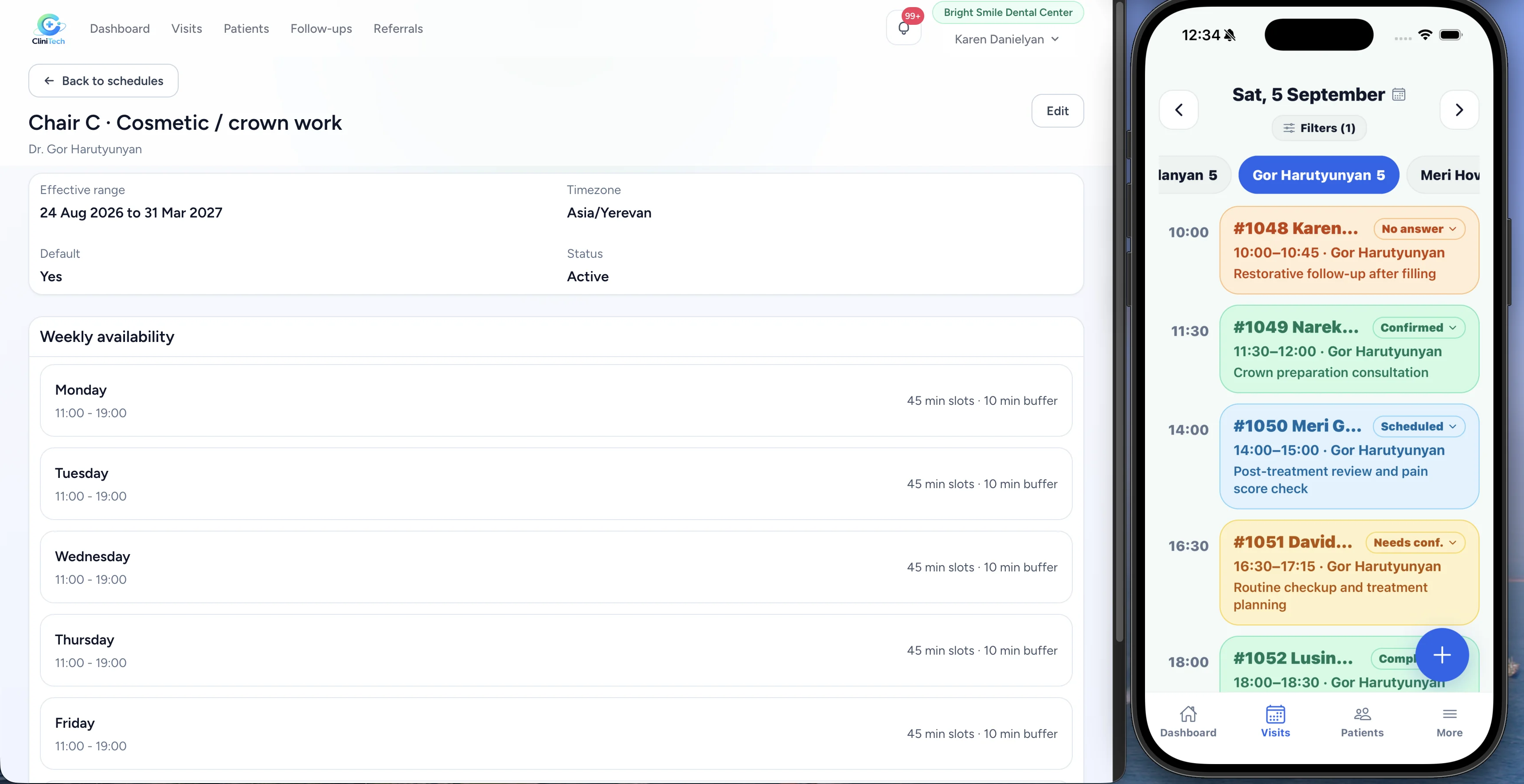Doctor availability on desktop with the daily visit schedule on mobile